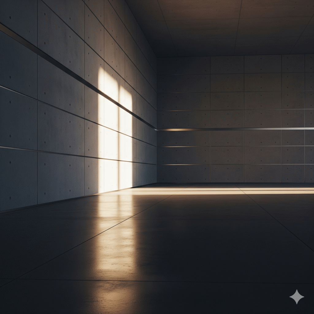 An abstract architectural hall where a single beam of light represents the focused, actionable insight from Elevion's AI-driven strategy.