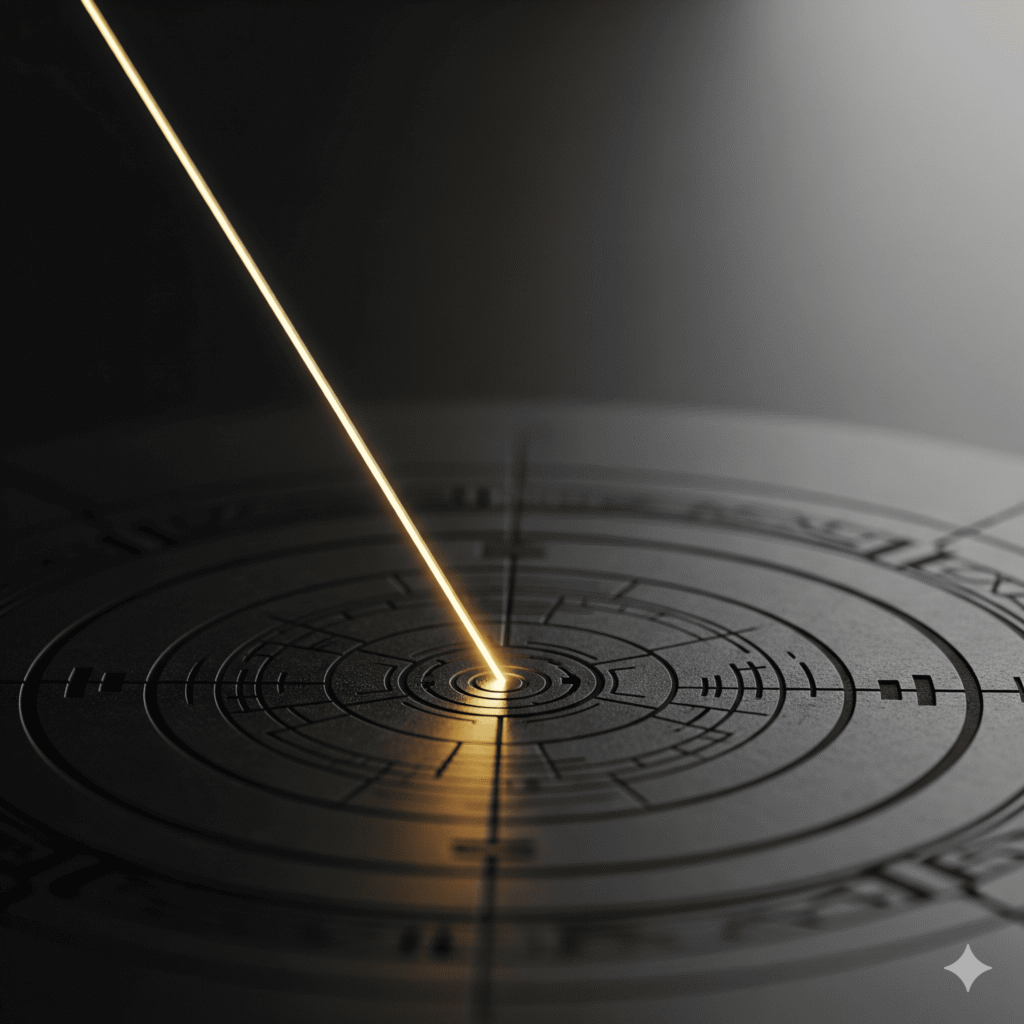 A precise beam of golden light hitting the center of a target, representing Elevion's flawless digital marketing execution.