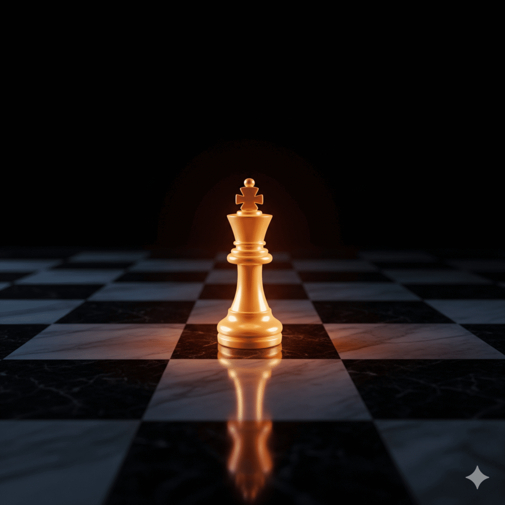 A single golden chess piece on a dark marble board, representing Elevion's precise, data-driven approach to market entry.