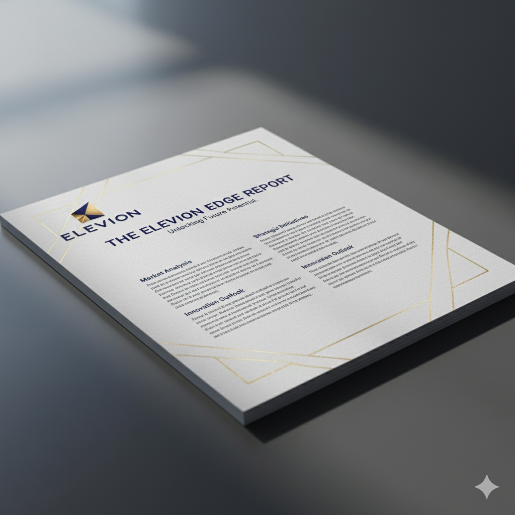 A high-quality mockup of the first page of "The Elevion Edge Report" PDF, showcasing Elevion's strategic insights.