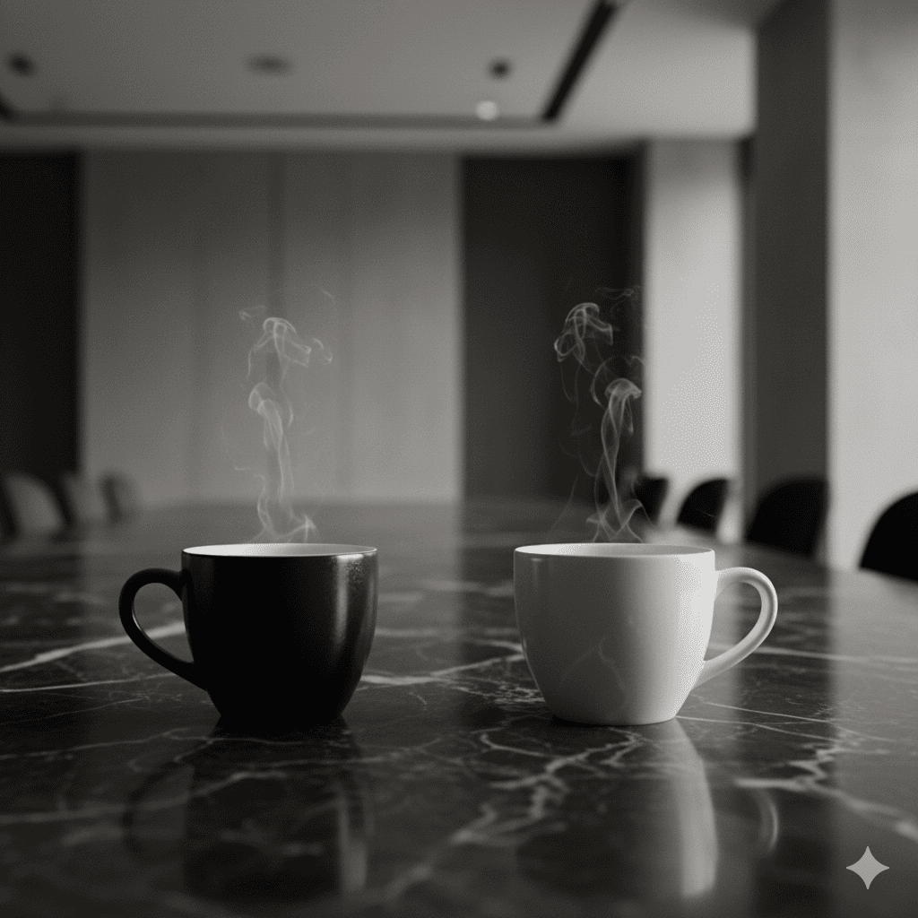 Two coffee cups in a meeting room, symbolizing the discovery consultation call with the Elevion strategy team.