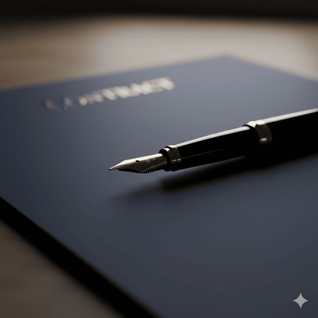 A golden pen on a contract, representing the final, bespoke strategic proposal delivered by Elevion.