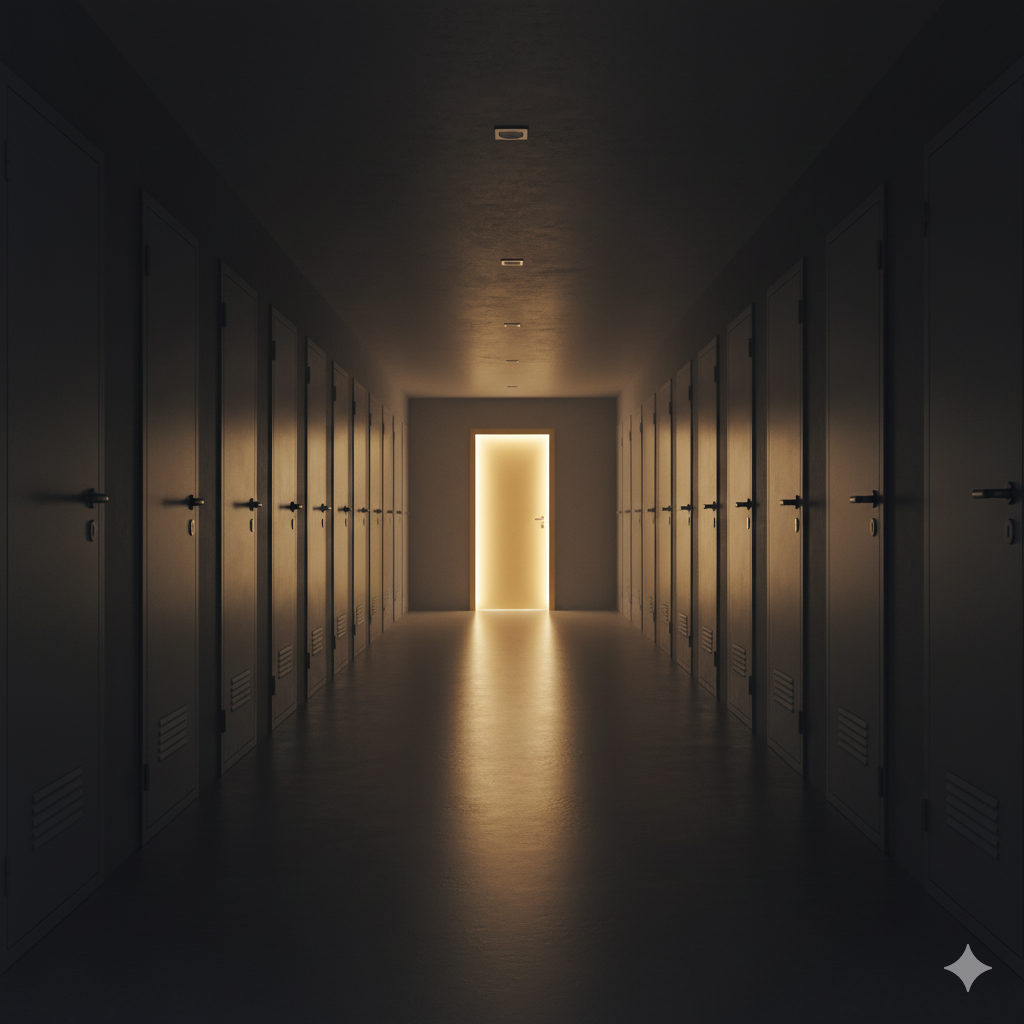 A single golden door in a hallway of gray doors, symbolizing Elevion's solution to the agency dilemma.