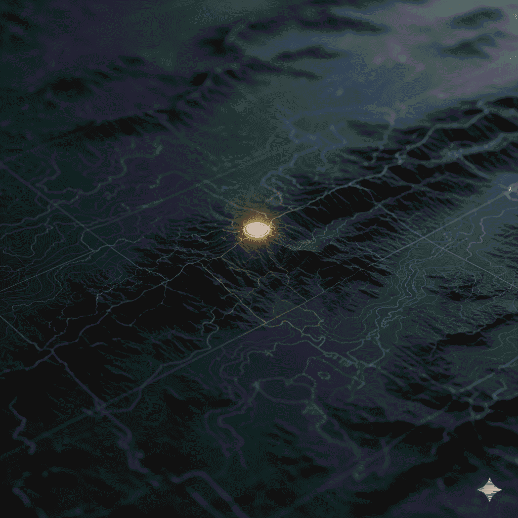 A golden illuminated area on a dark map, representing the beachhead principle for strategic market entry.
