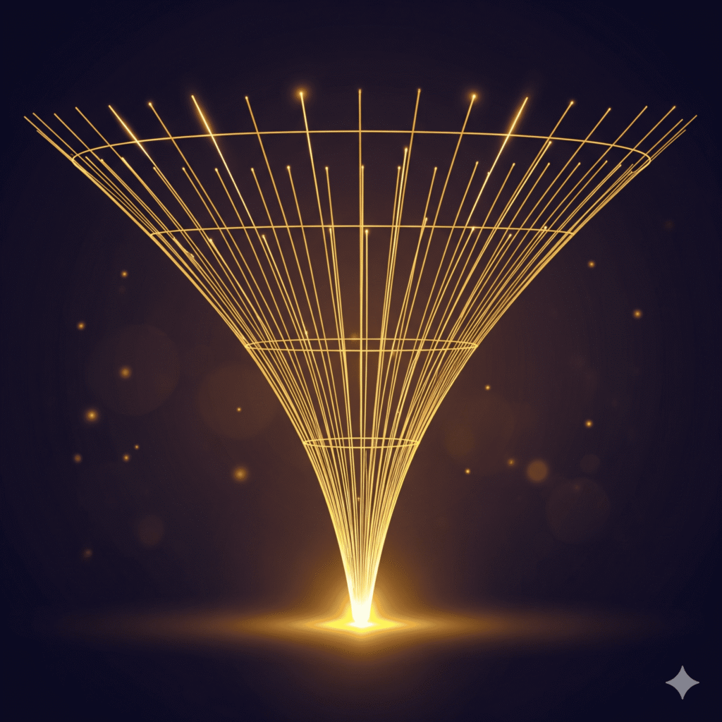 A glowing golden funnel leading to a bright conversion point, symbolizing the new ROI for paid media beyond the click.