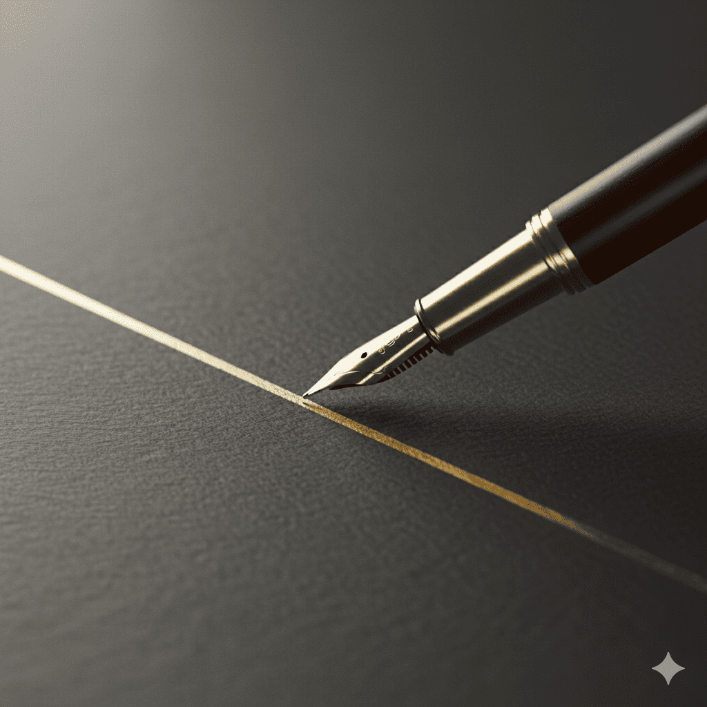 A golden fountain pen drawing a confident line, symbolizing the CEO as the chief editor of the company narrative.