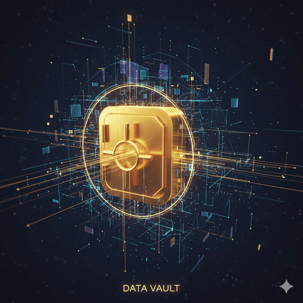 A glowing golden vault in a data network, representing how Elevion treats a client's data as a balance sheet asset.