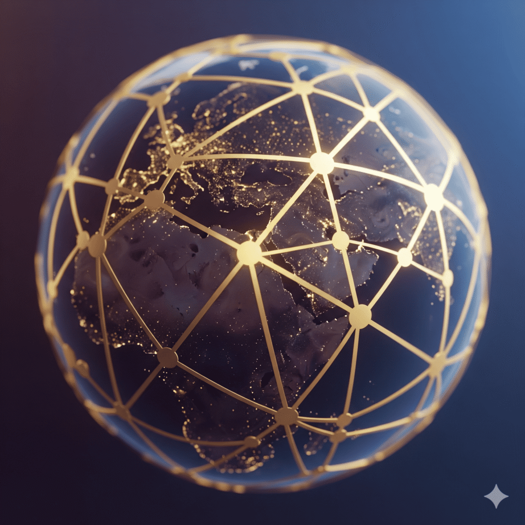 A glowing golden grid over a dark globe, symbolizing the de-risking of global expansion through data-driven strategy.