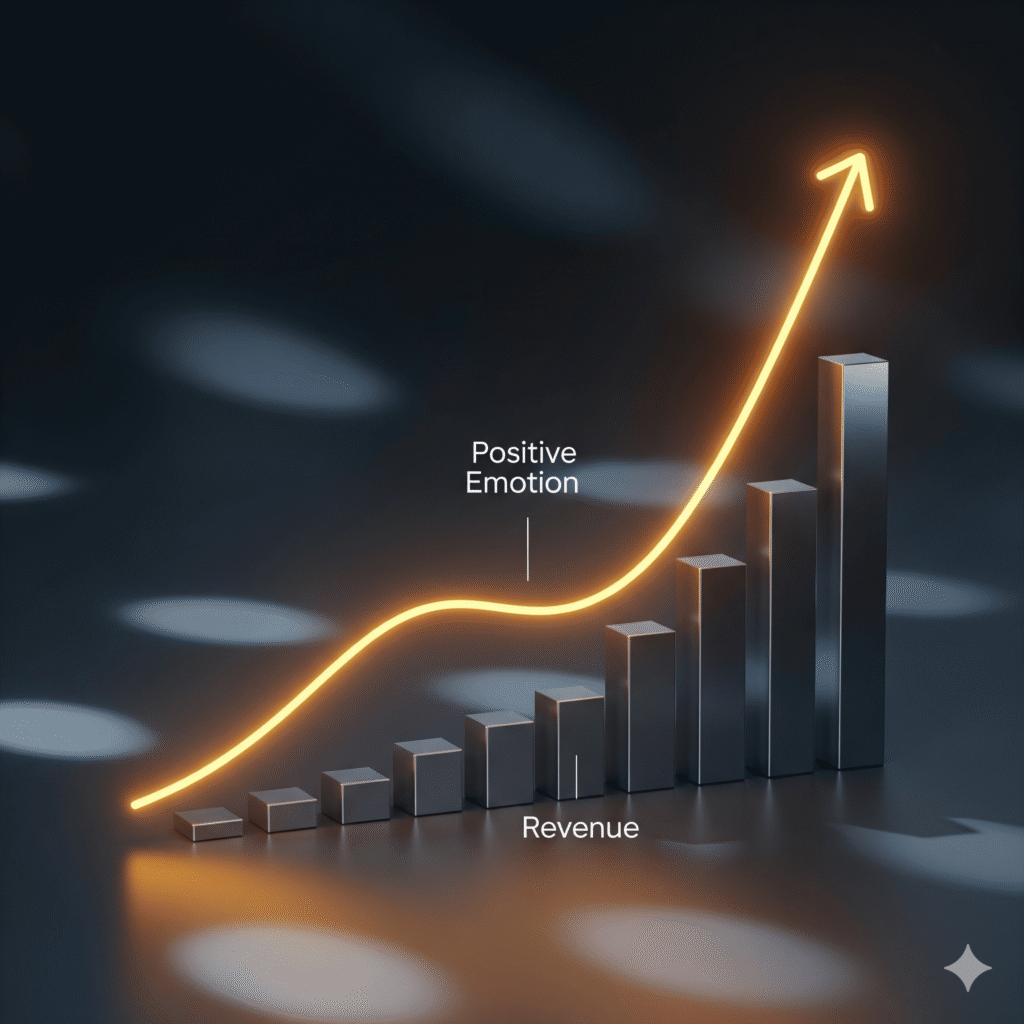 A data visualization showing a golden line of emotion correlating with rising revenue, illustrating the economics of emotion.