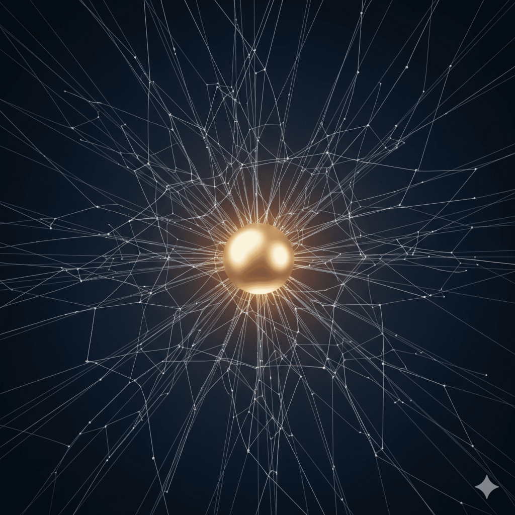 A central golden sphere expanding into a global network, representing the scaling from a local hero to a global competitor.