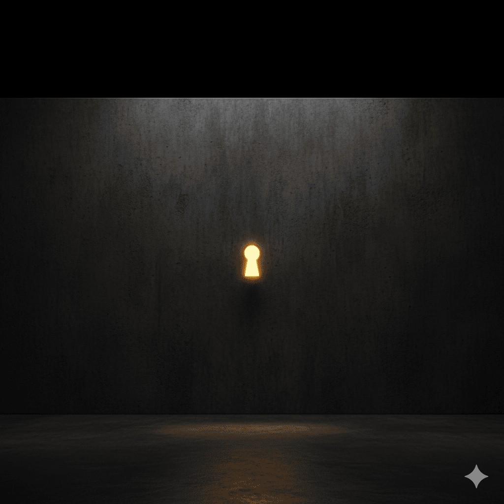 A glowing golden keyhole on a dark wall, representing a secure and defensible IP fortress built by Elevion.