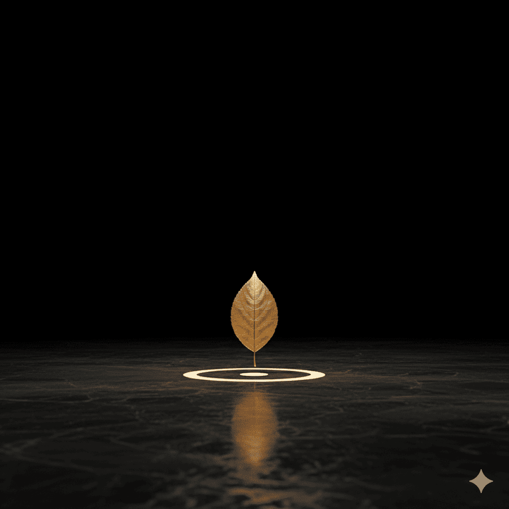 A single golden leaf landing on a precise target, representing Elevion's strategy of manufacturing serendipity.