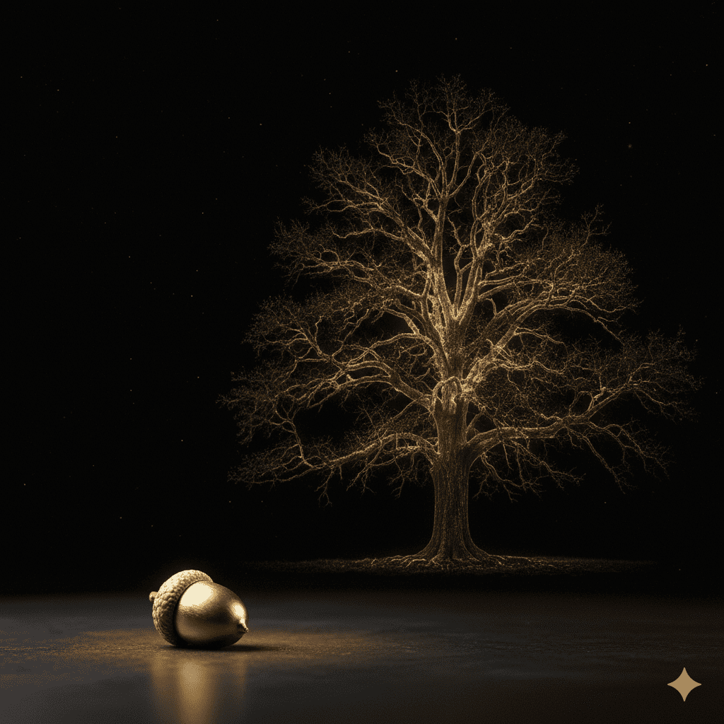 A golden acorn next to the outline of a giant oak tree, symbolizing the concept of a Minimum Viable Legacy.