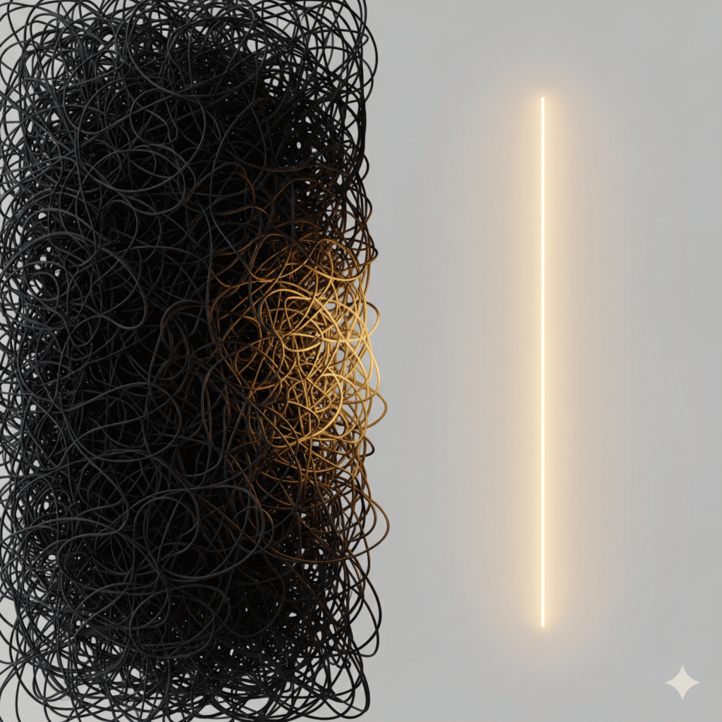 A tangled dark knot transforming into a straight golden line, representing the elimination of operational drag.
