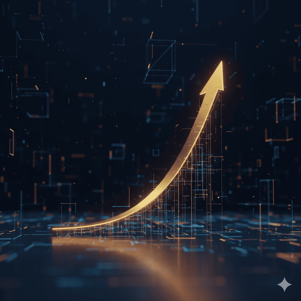 A glowing golden hockey stick growth chart, symbolizing the pre-IPO narrative and valuation growth.