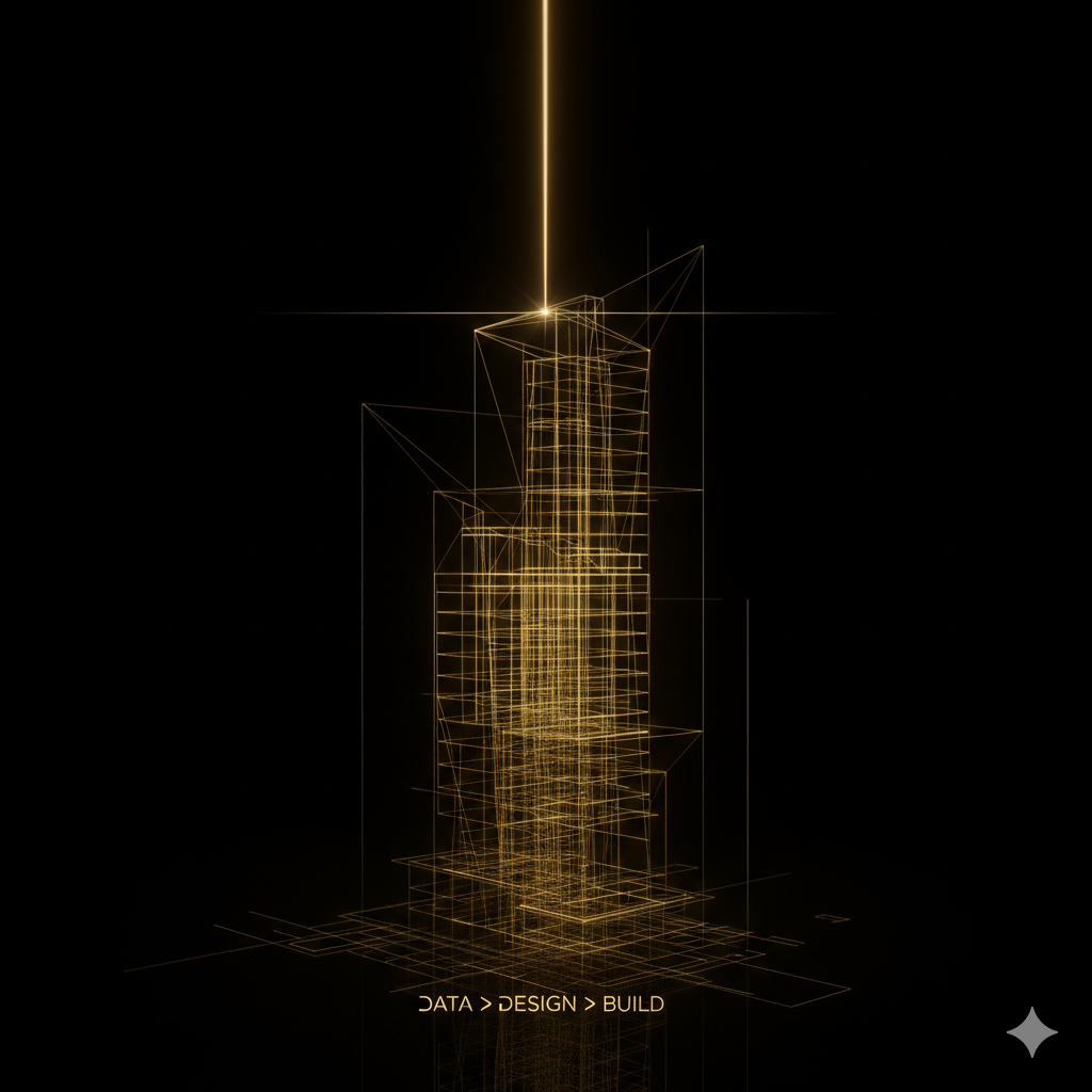 A glowing 3D architectural blueprint, representing the architecture of a scalable business designed by Elevion.