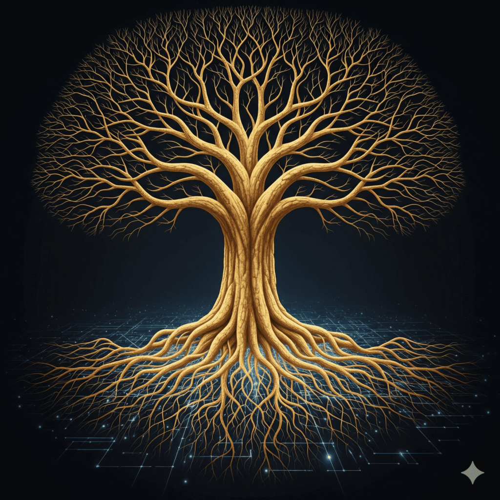 A massive golden tree with deep roots in a digital network, representing SEO as a strategic and defensible moat.