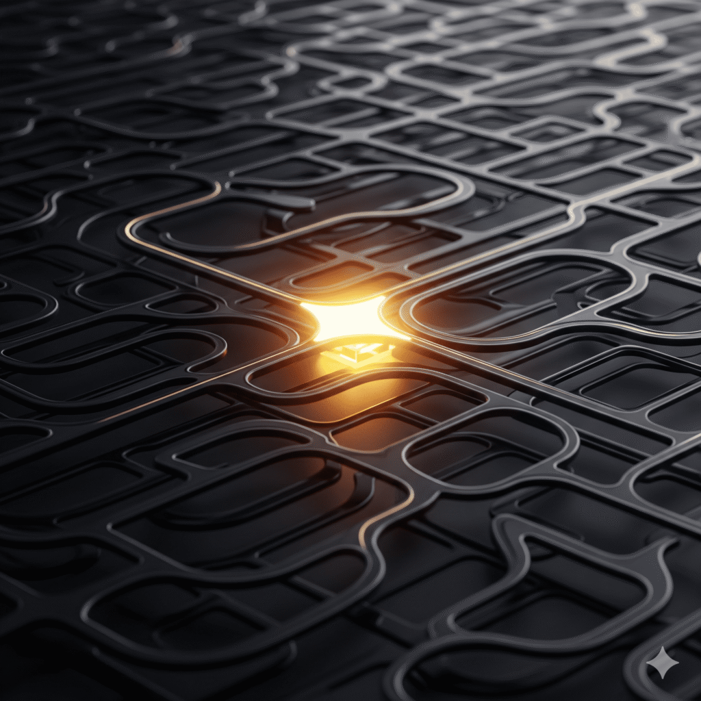 A single golden section in a complex network, symbolizing the discovery of alpha in a supply chain.