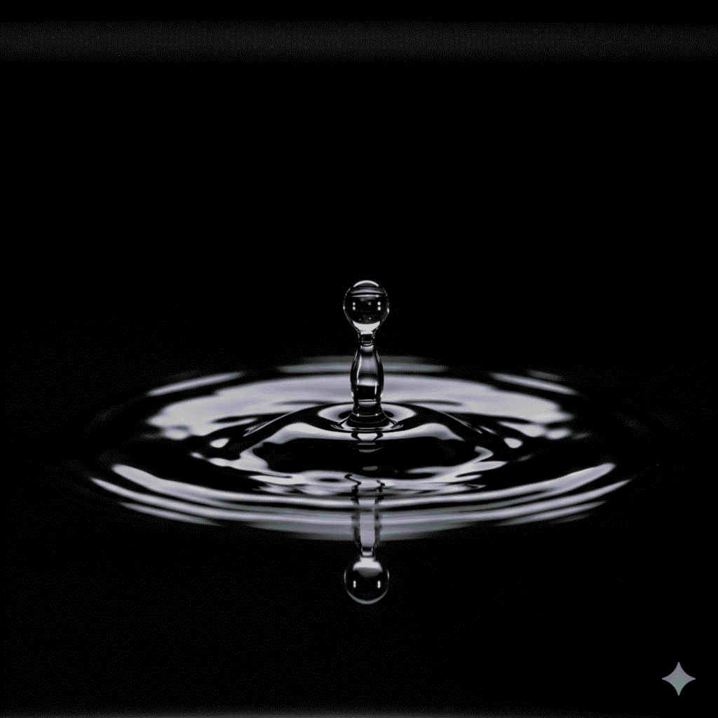 An ultra-minimalist, photorealistic macro shot of a single drop of water falling onto a perfectly still, dark surface, creating a flawless, symmetrical ripple. Evokes a sense of perfect efficiency and zero wasted energy.
