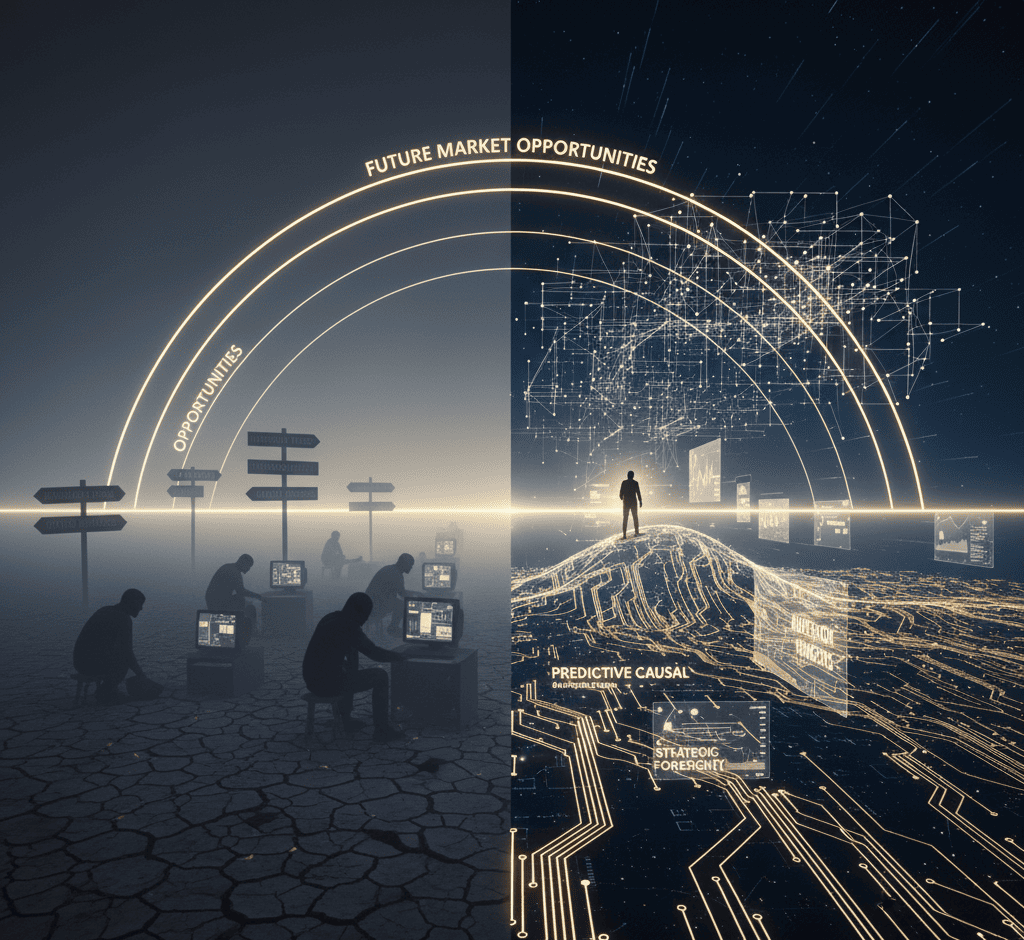 Founder facing triangular AI lattice projecting strategic subsystems for predictive targeting, brand coherence, and audience experience.