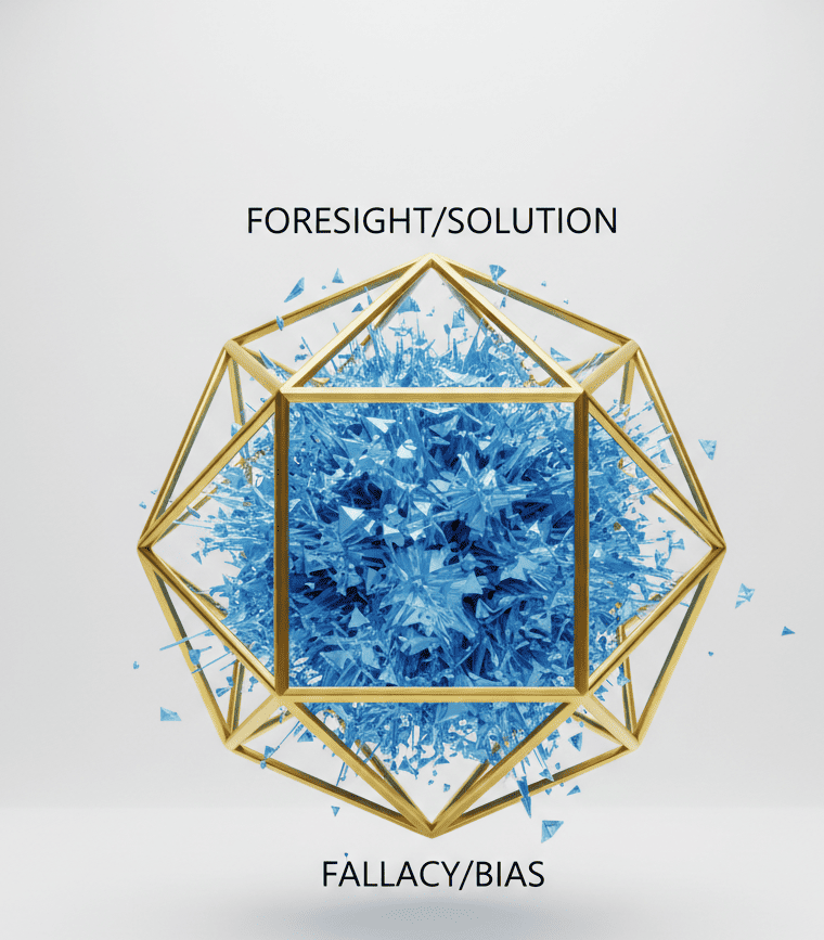 Abstract image of a golden structure containing fractal chaos, symbolizing the elimination of founder cognitive bias.