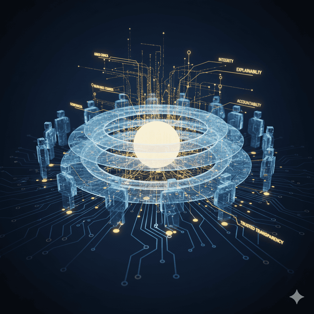 Abstract visualization of Elevion’s AI governance framework with human-in-the-loop decision architecture.