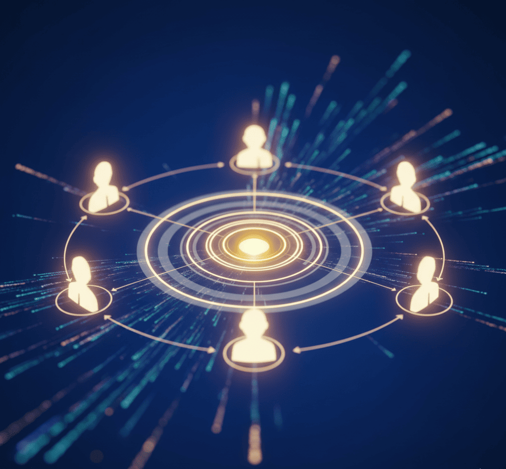 Abstract visualization of strategic resonance rings connecting stakeholders through AI-driven sentiment modeling.