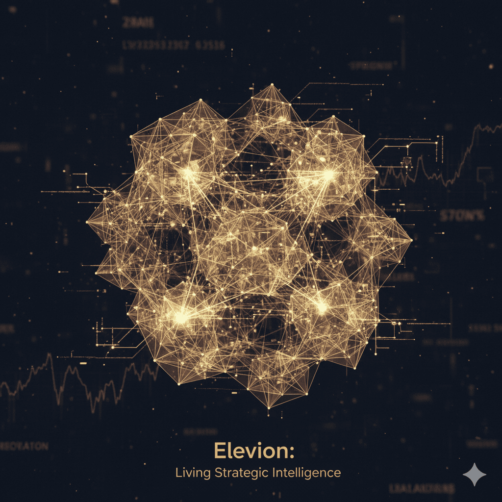Abstract visualization of Elevion’s autonomous foresight system evolving with strategic complexity.
