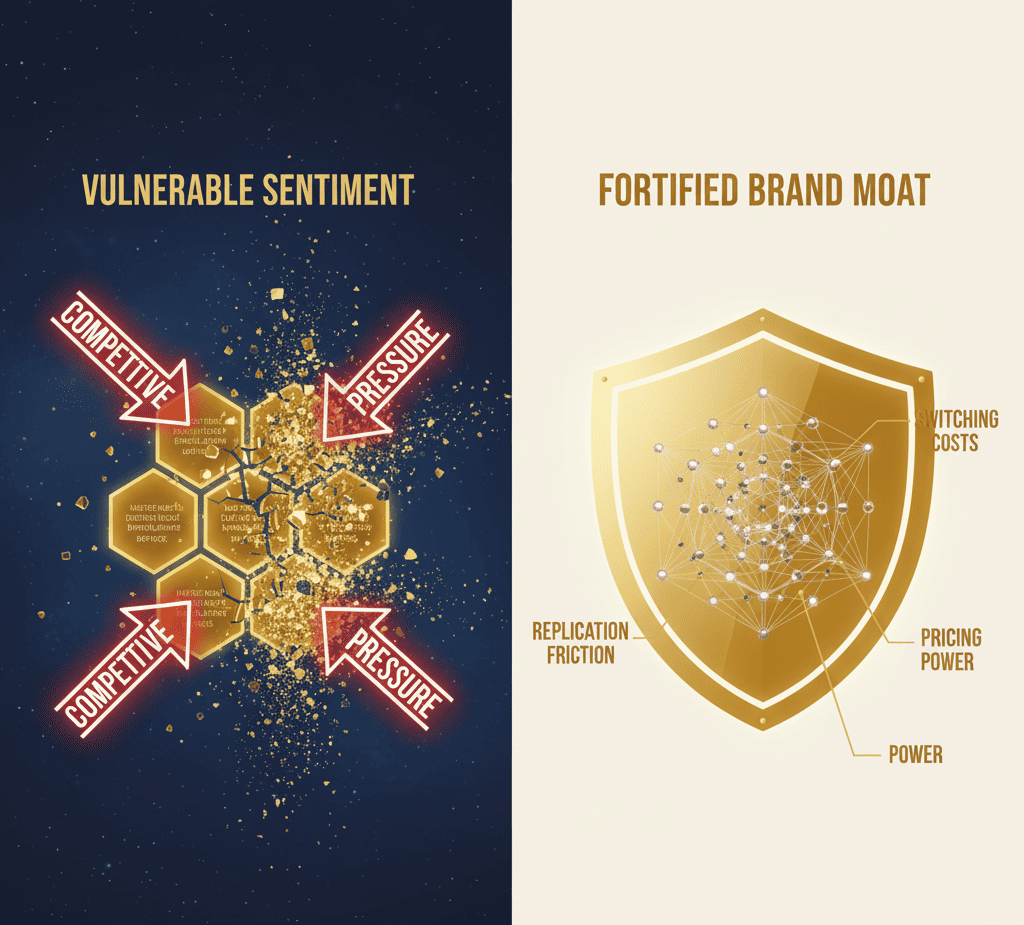 Split-screen visual contrasting brand sentiment metrics dissolving under pressure with a fortified system of defensibility mechanisms.