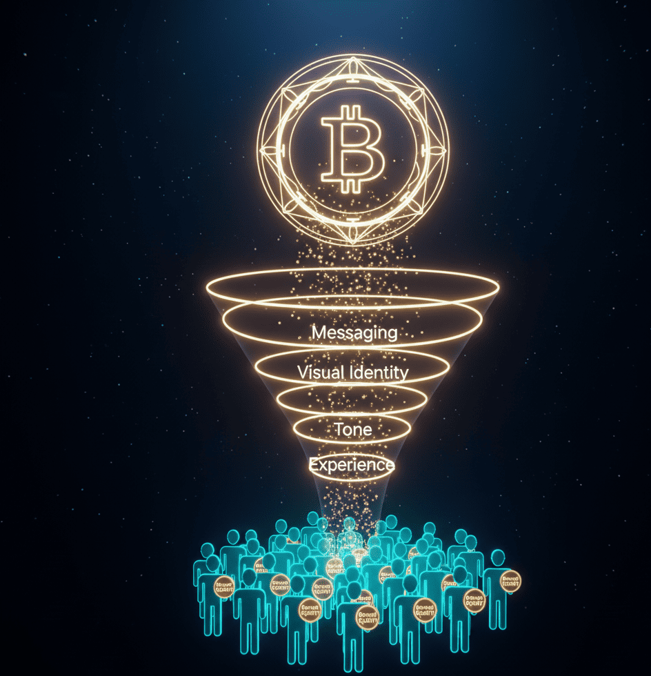 Radiant brand shield above funnel of customer touchpoints transforming into avatars carrying Brand Equity.