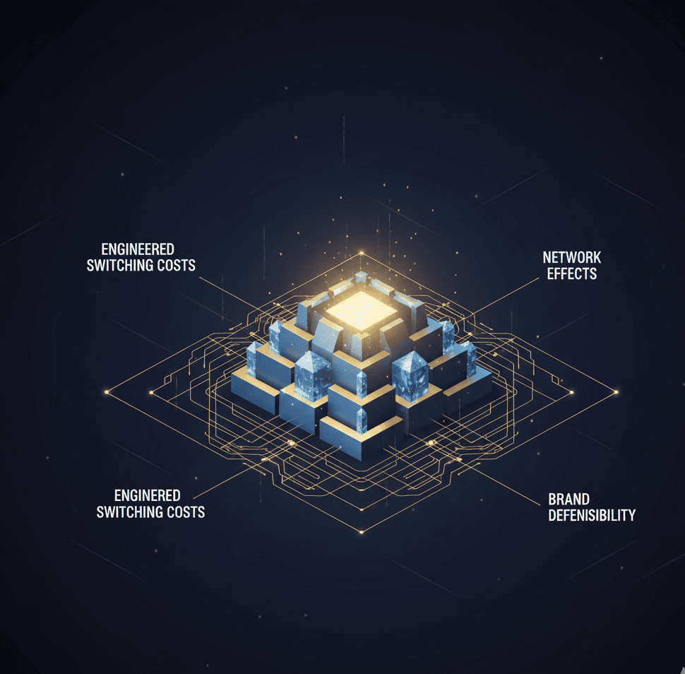 Abstract digital fortress surrounded by glowing nodes and lines, symbolizing brand defensibility, switching costs, and network effects.