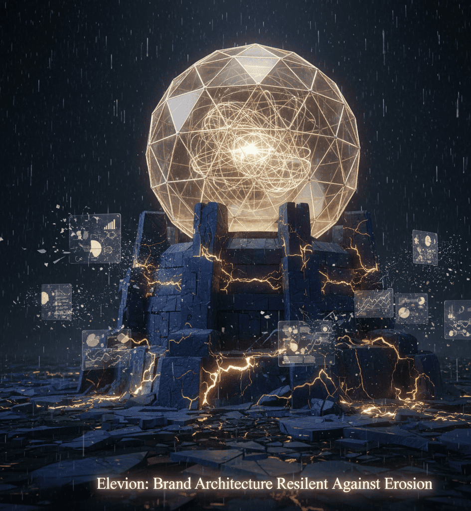 Surreal fortress rising from digital terrain, symbolizing Elevion’s engineered brand defensibility.