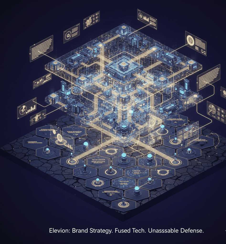 Abstract visualization of Elevion’s brand moat pillars—strategic segmentation and digital system integration.