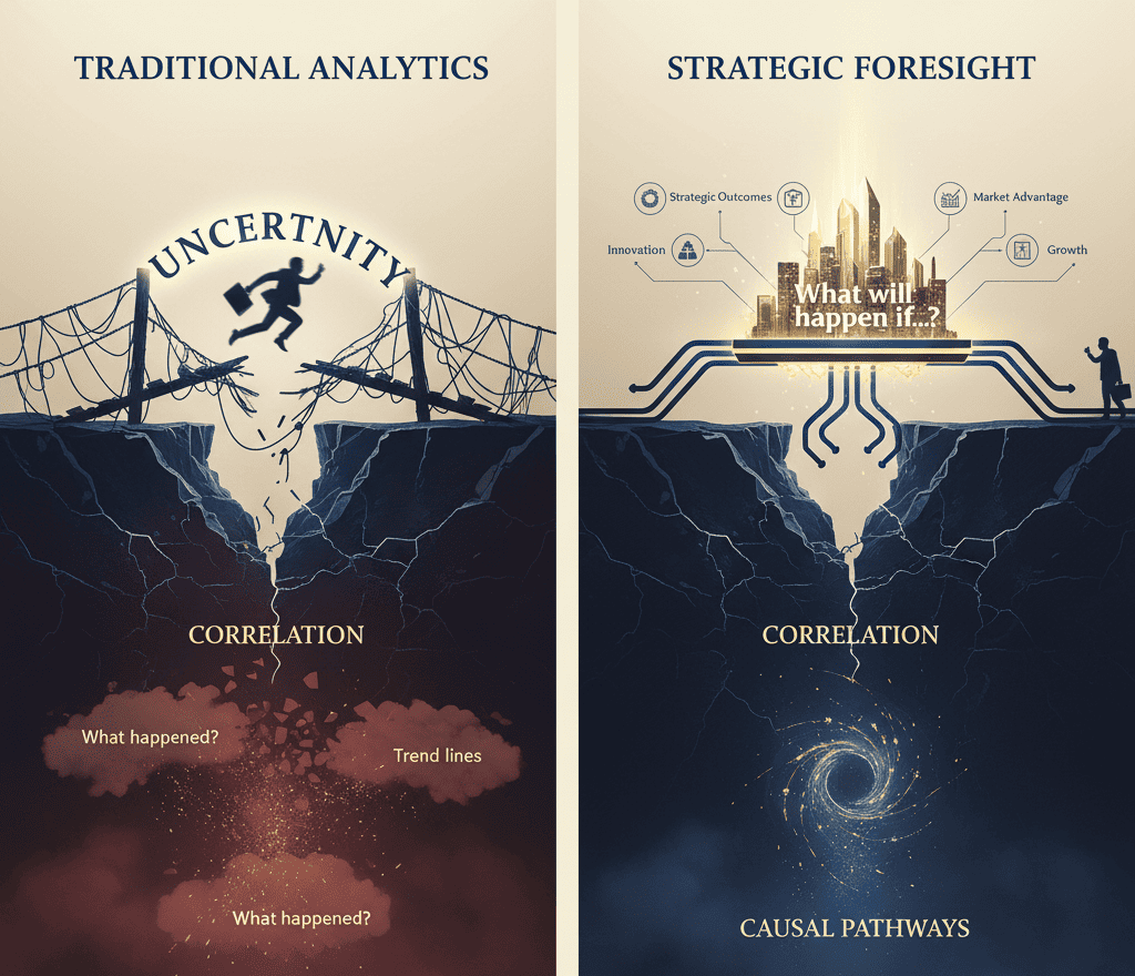 Conceptual visual of a glowing bridge made of causal nodes spanning a chasm labeled ‘Correlation,’ leading to a radiant platform labeled ‘What will happen if...?