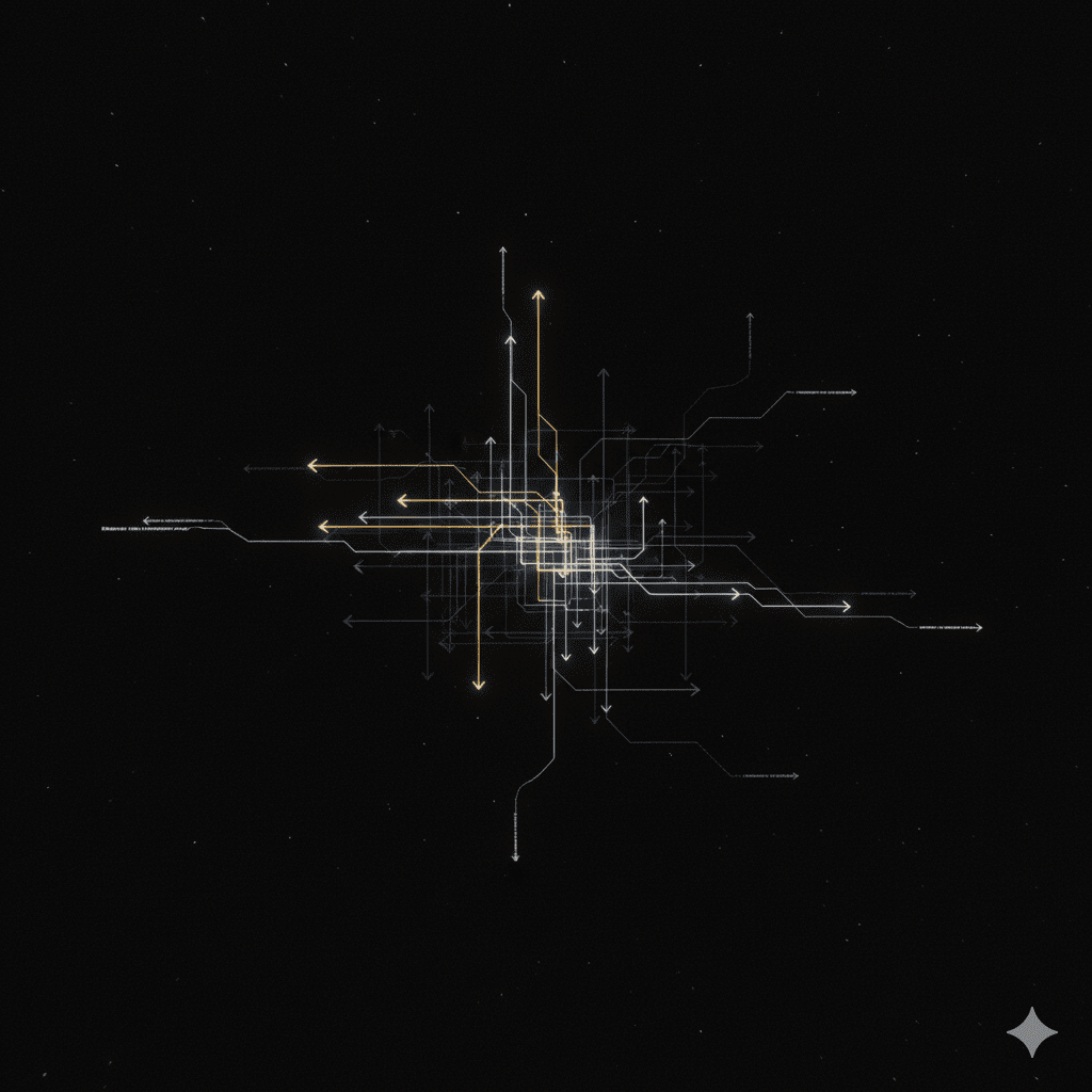 Abstract visualization of Elevion’s autonomous foresight system evolving with strategic complexity.