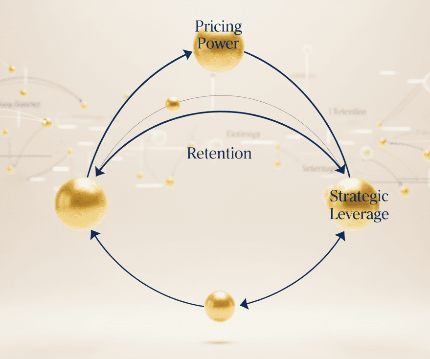 Glowing DAG with nodes labeled ‘Pricing Power,’ ‘Retention,’ and ‘Strategic Leverage’ connected by Deep Sapphire lines.