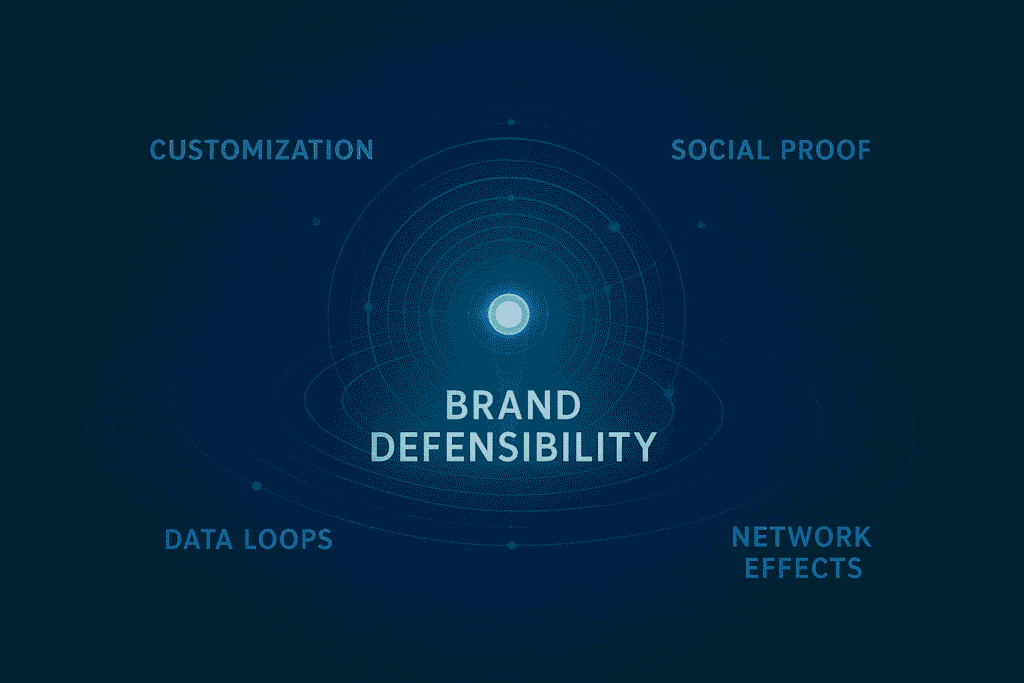 High-tech visualization of glowing nodes feeding into a central fortress, representing exponential brand equity accumulation through data loops and ecosystem integration.