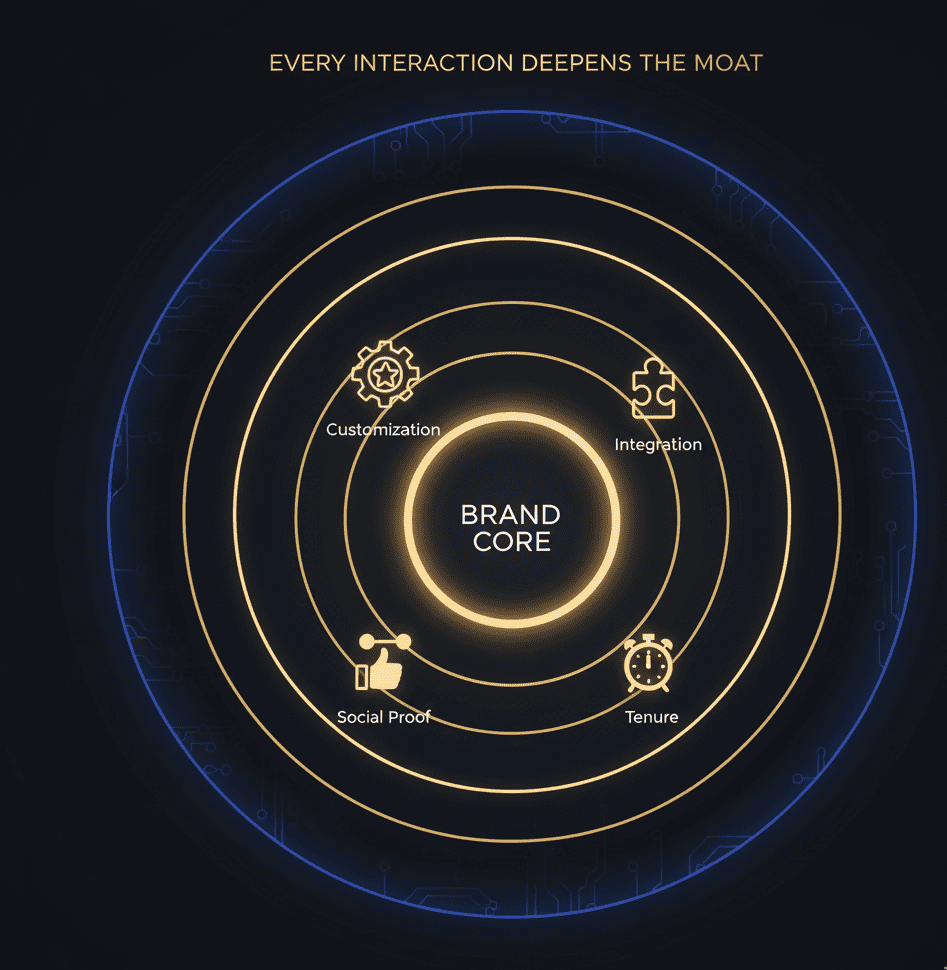 Central golden node radiating concentric ripples absorbing icons of customization, integration, and social proof—each ripple deepening brand defensibility.