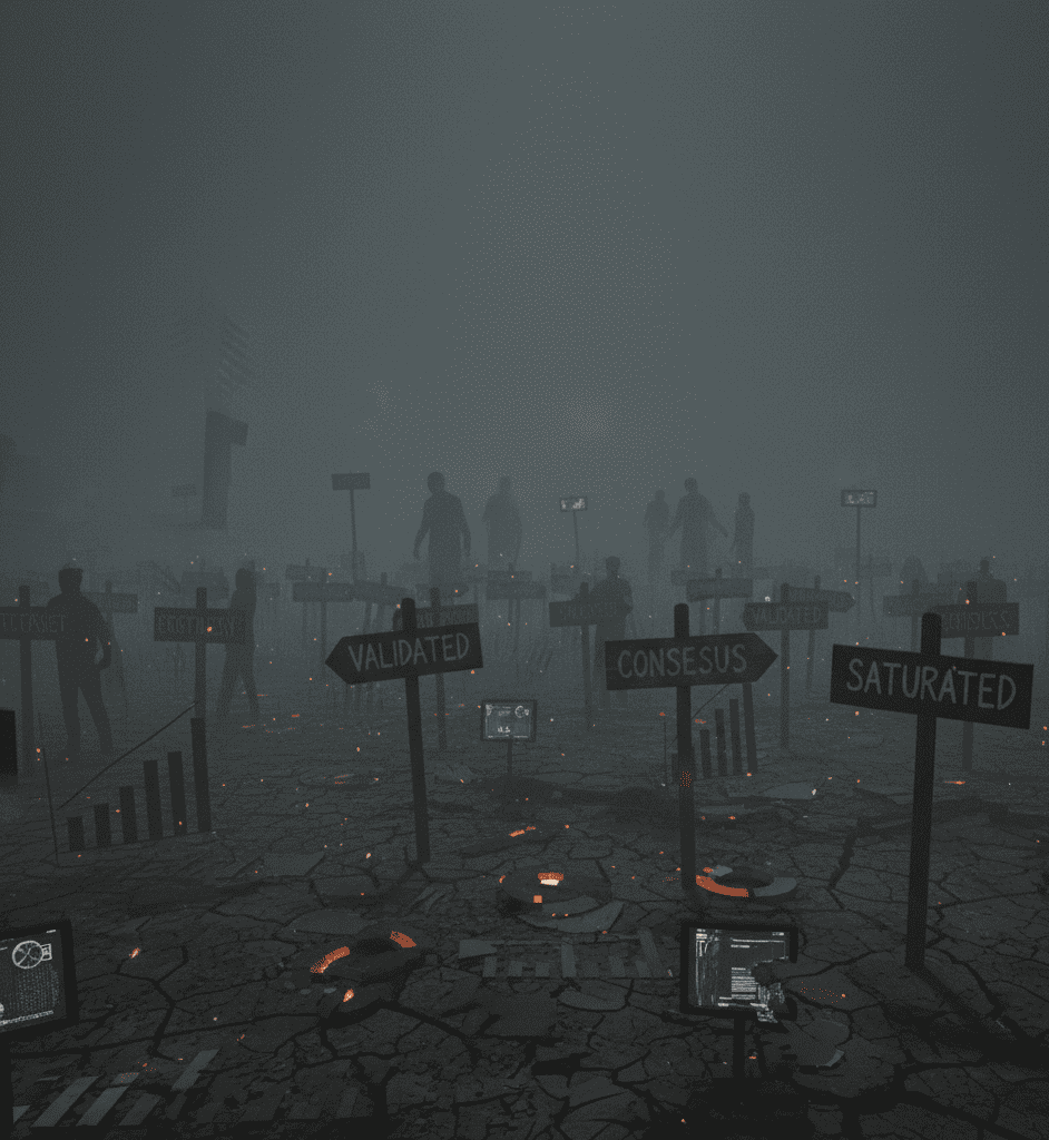 Foggy landscape showing consensus-driven market entry with signs labeled Validated, Consensus, and Saturated.