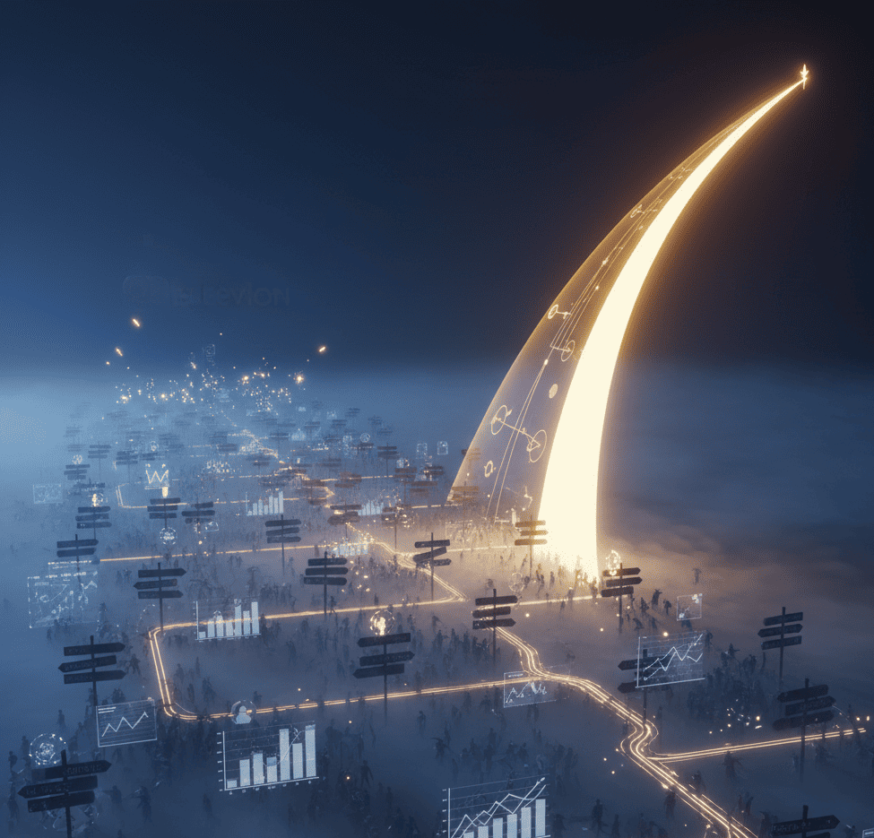 Futuristic background showing consensus-driven market entry paths fading into saturation, contrasted by Elevion’s predictive arc.