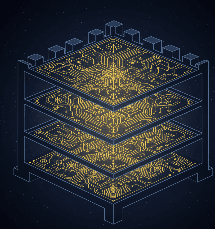 Architectural diagram showing brand value embedded into technical, operational, and economic systems—highlighting defensibility mechanisms.