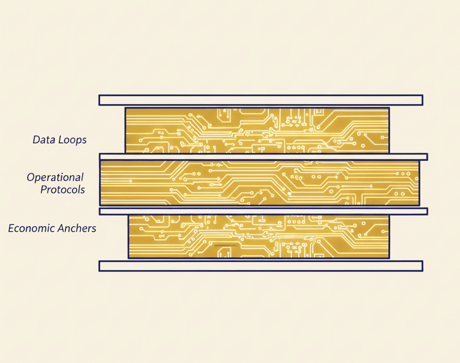 Architectural cross-section of a fortress wall revealing embedded layers of data loops, operational protocols, and economic anchors—each glowing in Solar Gold.