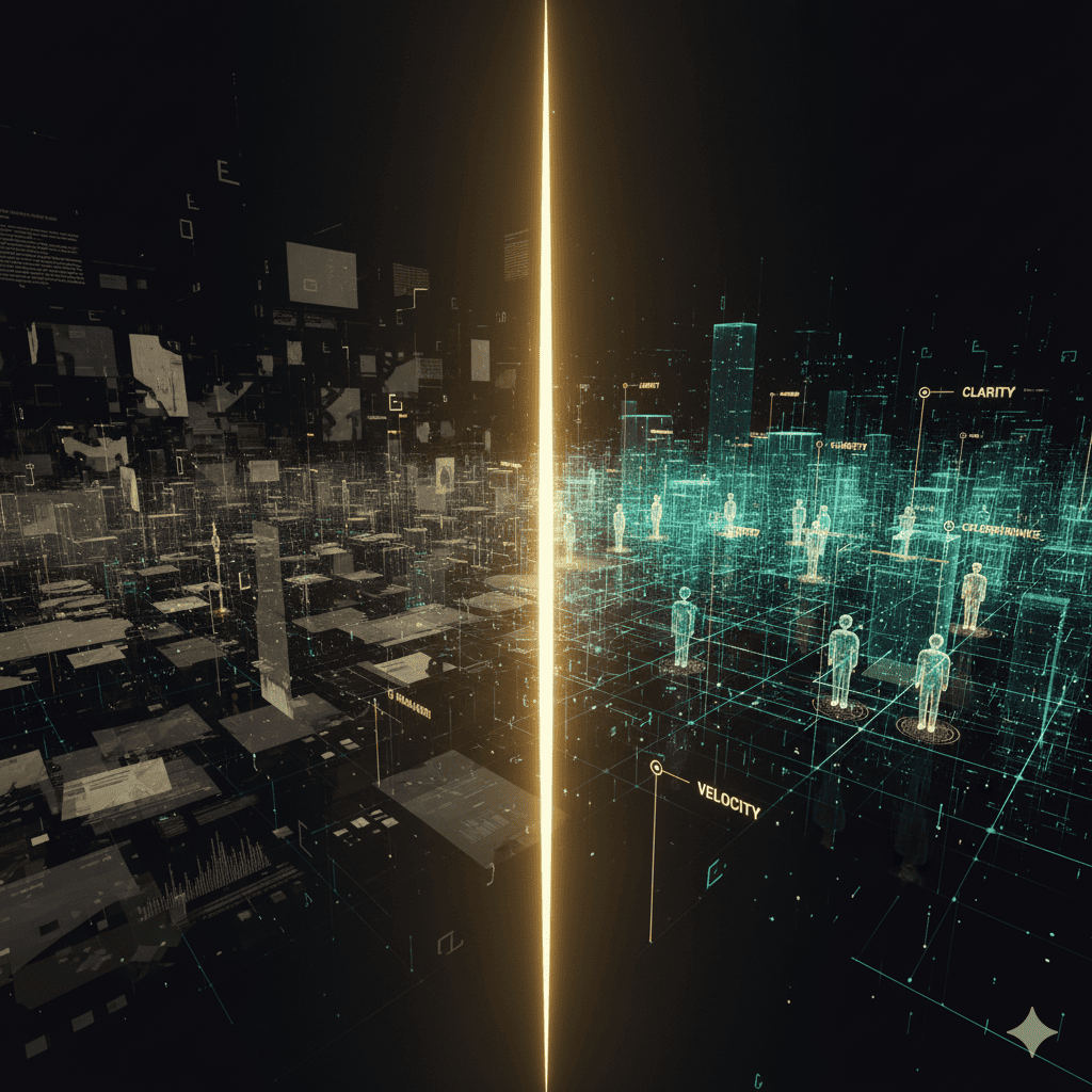 Split-frame visualization comparing Elevion’s AI-driven strategic foresight with legacy consulting methods