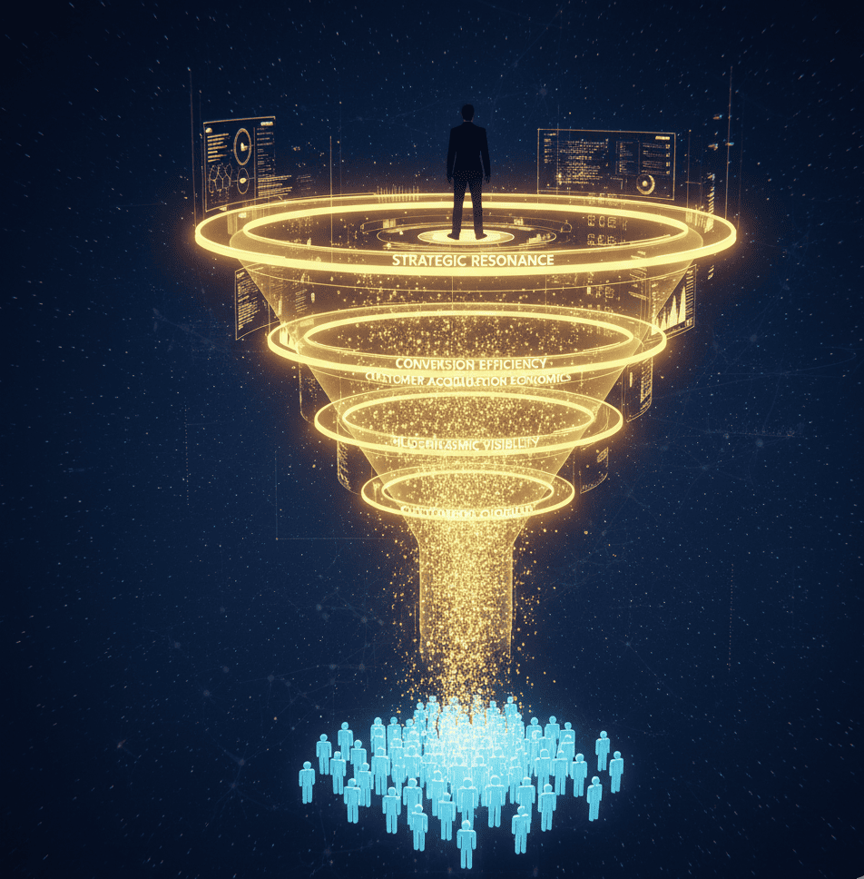 Founder inside a glowing funnel labeled Strategic Resonance, Conversion Efficiency, Customer Acquisition Economics, and Algorithmic Visibility.