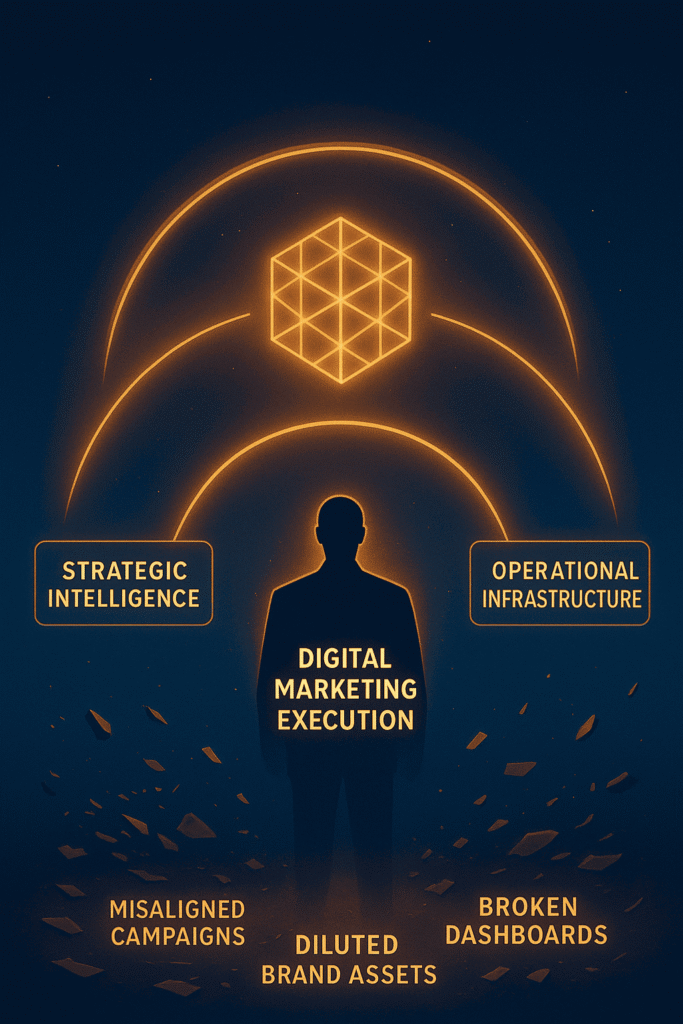 Founder surrounded by glowing arcs of Strategic Intelligence, Brand Architecture, and Operational Infrastructure converging into Digital Marketing Execution.