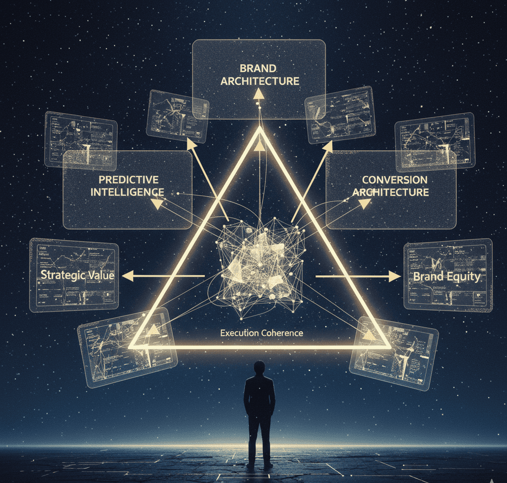 Founder facing glowing panels labeled Predictive Intelligence, Brand Architecture, and Conversion Optimization converging into Execution Coherence.