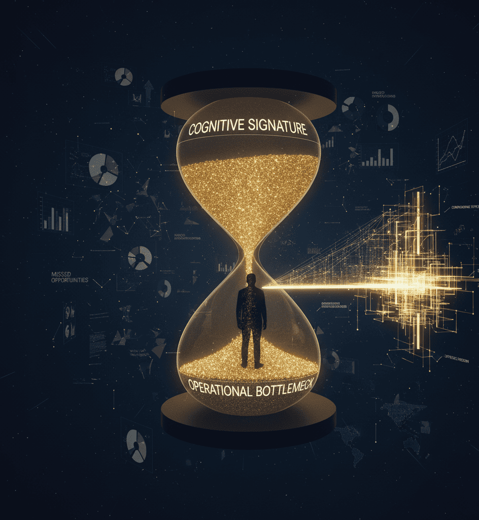 Founder silhouette inside a glowing hourglass where cognitive signature drips into operational bottleneck, surrounded by chaos and AI-driven architecture.