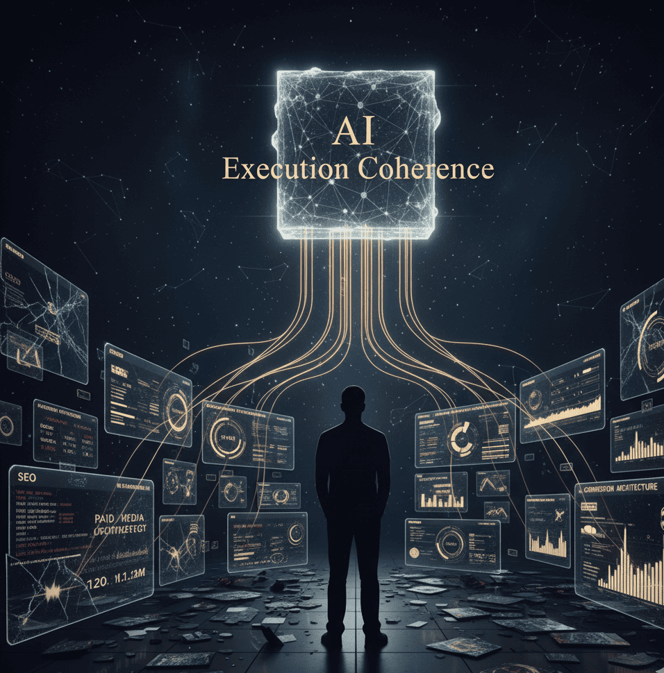 Founder surrounded by cracked dashboards showing vanity metrics, while an AI lattice labeled Execution Coherence reorganizes the chaos into strategic subsystems.