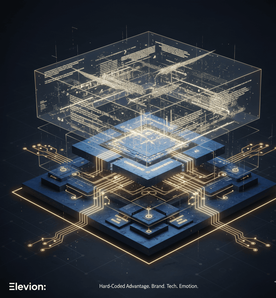 Abstract visualization of Elevion’s execution moat and adaptive brand messaging architecture.