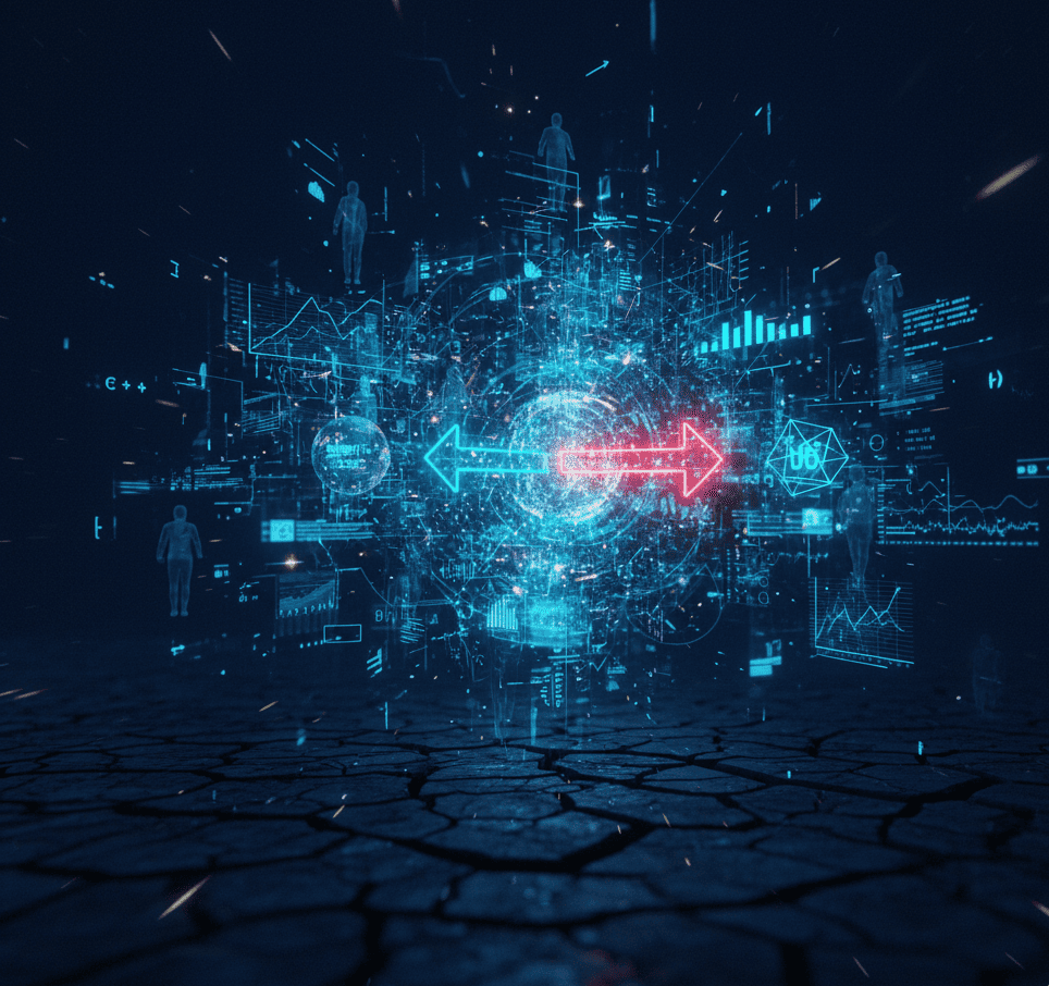 Abstract visualization of false causal inference in strategic planning.